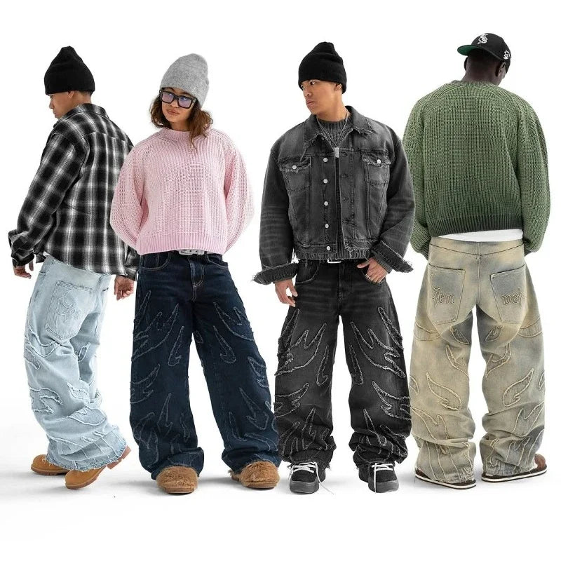 2025 New American Retro Flame Embroidery Baggy Women's Jeans Y2K Harajuku Hip Hop Gothic High Waist Wide Trousers Street Wear