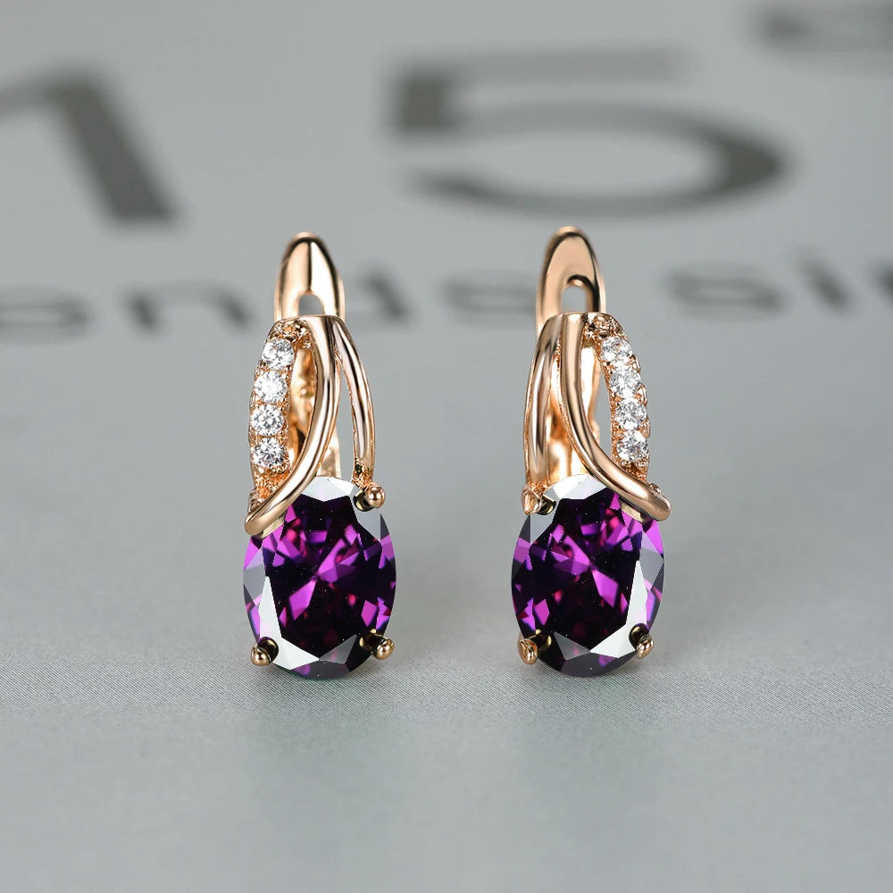Crystal Purple Oval Stone Jewelry Rose Gold Color Wedding Hoop Earrings For Women