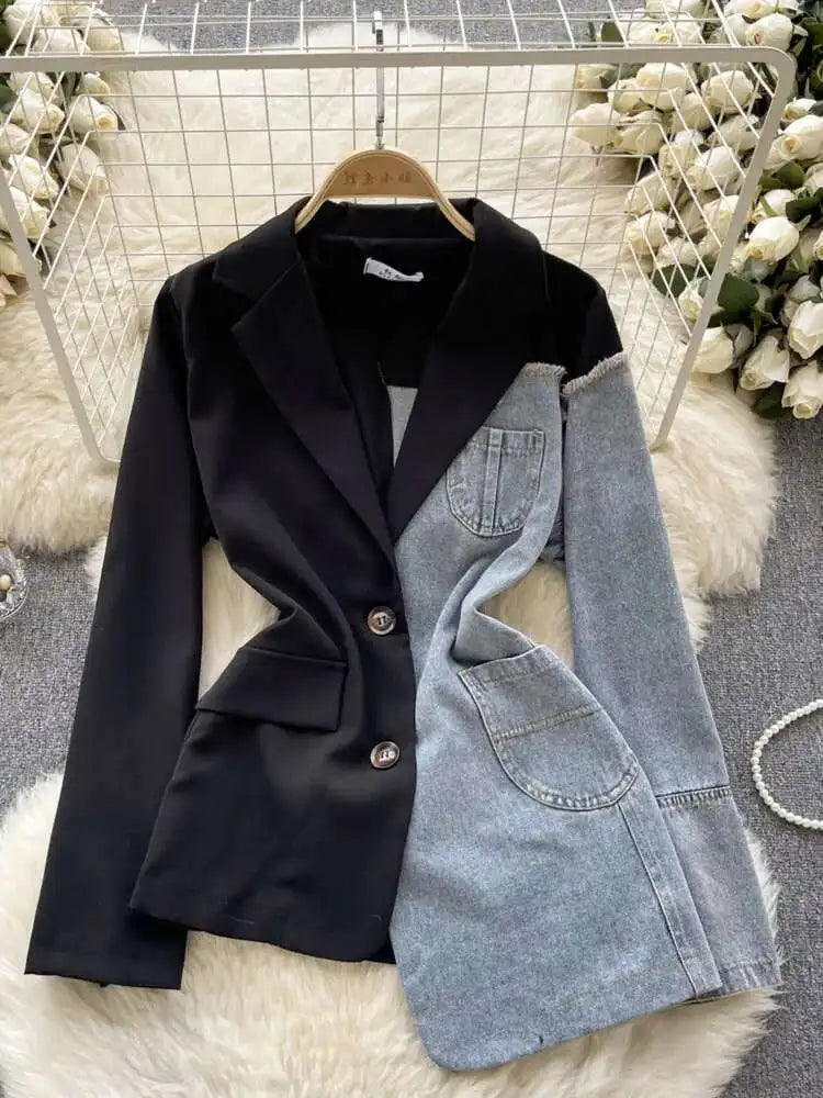 XFPV Women Jacket Lapel Long Sleeve Irregular Patchwork Denim Single Breasted Plaid Blazer Coat Autumn Winter 2025 SM9518
