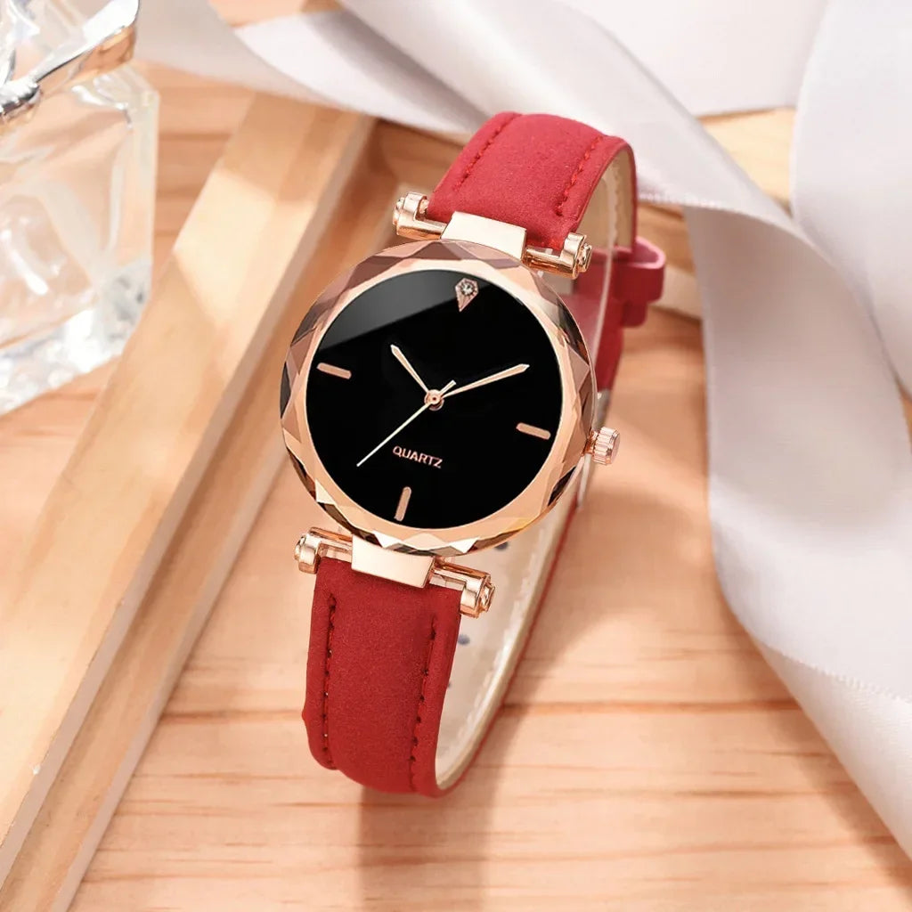 2pcs Luxury Fashion Women Watch Set PU Leather Strap Ladies Quartz Wristwatch Rhinestone RoseGold Alloy Bracelet For Ladies Gift