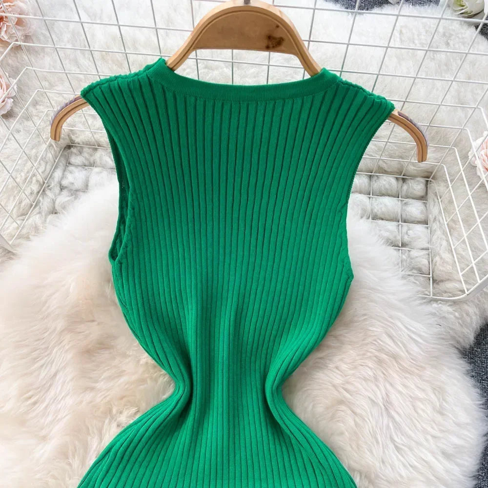 Abrini Summer Women Knitted Sexy Bodycon Dress O-Neck Sleeveless Ruffled Party Sundress High Street Elastic Slim Solid Dress