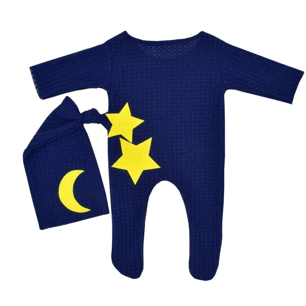 Ylsteed Newborn Footed Romper for Photoshoot Moon Star Patch Photography Outfit Baby Boy Picture Props Long Sleeve Jumpsuit