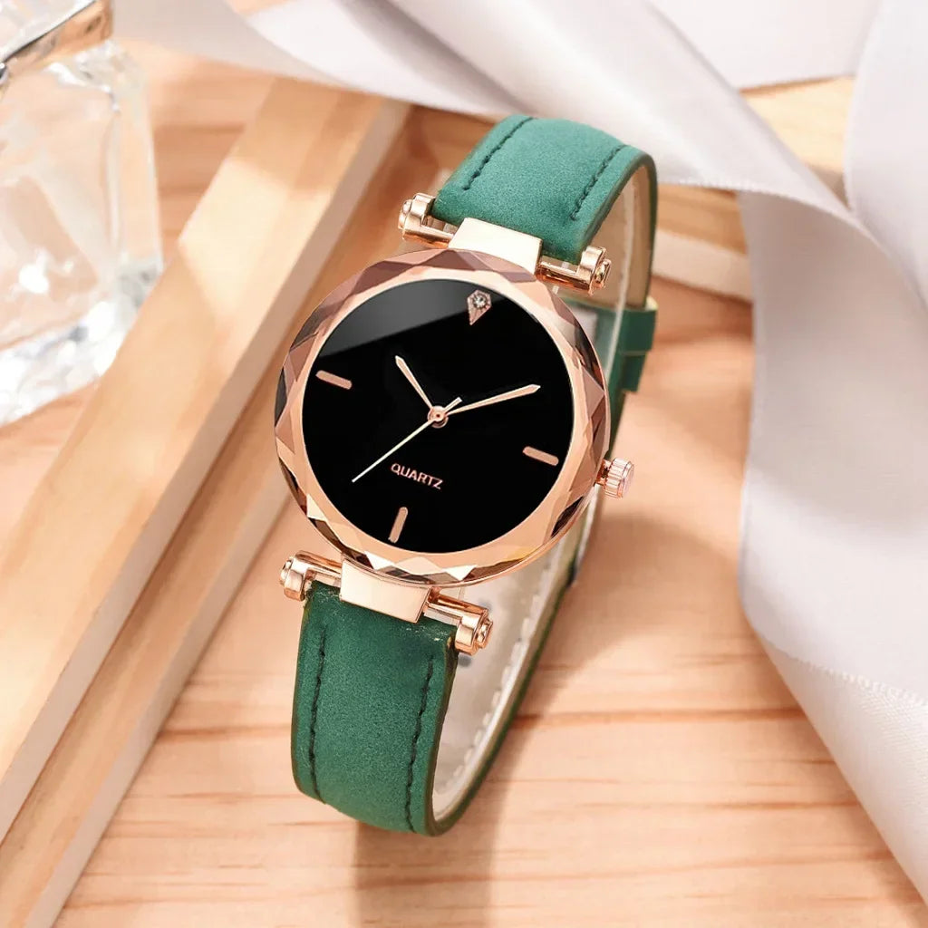 2pcs Luxury Fashion Women Watch Set PU Leather Strap Ladies Quartz Wristwatch Rhinestone RoseGold Alloy Bracelet For Ladies Gift