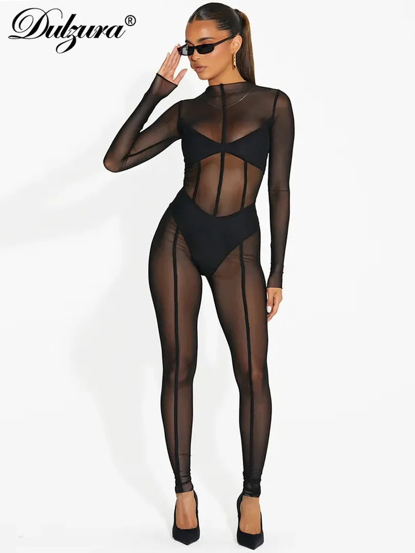 Dulzura Solid Mesh Long Sleeve O-Neck Jumpsuit See Through 2023 Summer For Women Sexy Y2K Birthday Evening Clubwear Sheath
