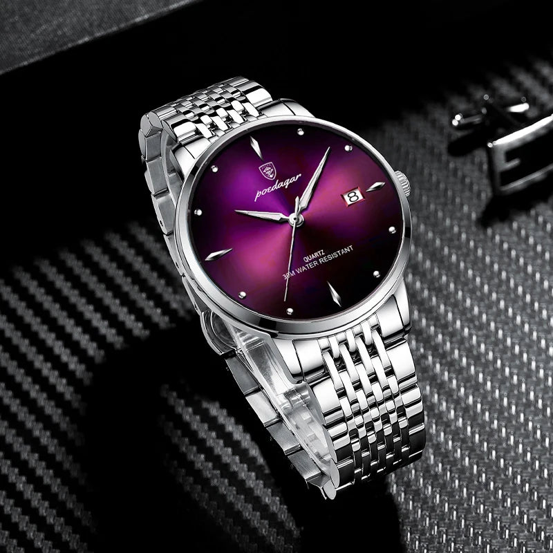 POEDAGAR Business Men's Watches Stainless Steel Date Men Watch Waterproof Luminous Fashion Casual Quartz Man Wristwatch+Gift Box