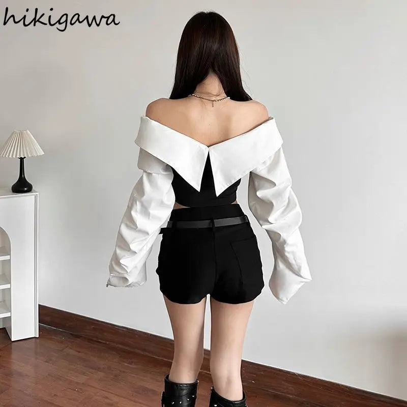 2025 Ropa Mujer Y2k Woman T Shirts Contrast Color Slash Neck Sexy Tees Crop Tops Slim Waist Fashion Casual Streetwear Tshirts