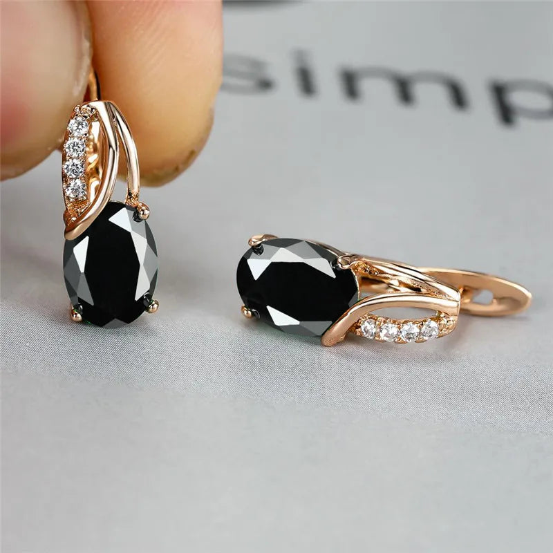 Crystal Purple Oval Stone Jewelry Rose Gold Color Wedding Hoop Earrings For Women