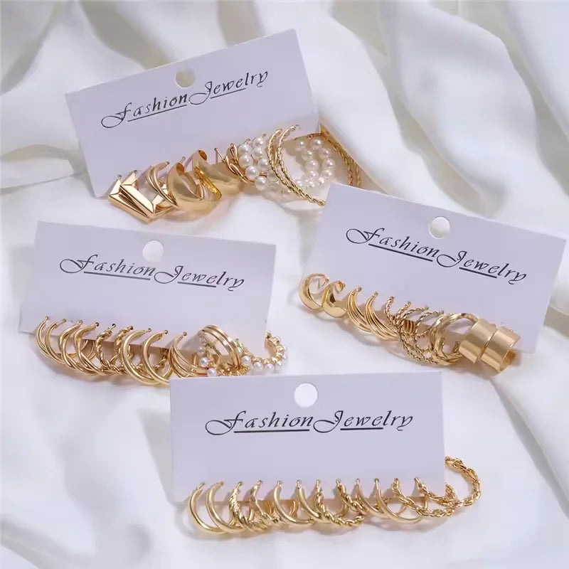 6/24 Pairs Gold Color Vintage Hoop Earrings Set for Women Girl Imitation Pearl Geometric Metal Twist Earring Fashion Jewelry