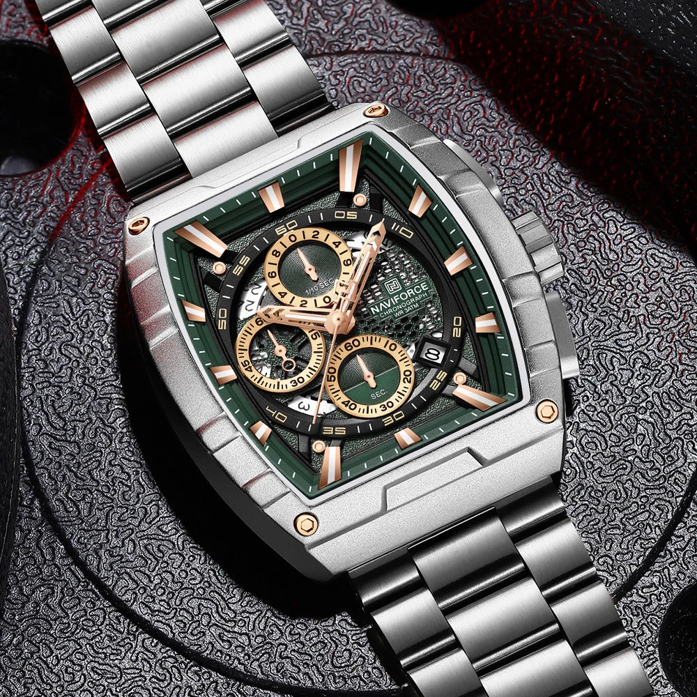 NAVIFORCE Luxury Chronograph Quartz Watch for Men Fashion Tonneau Stainless Steel Man Watches Waterproof Luminous WristWatch