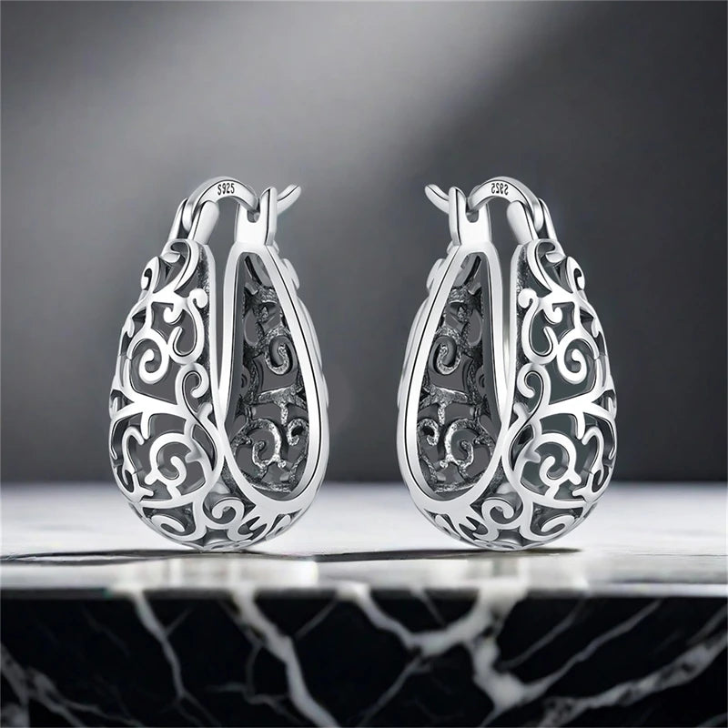 925 Sterling Silver Floral plant series greenery iris vine Hoop Earrings For Women Wedding Engagement Birthday Jewelry Gift 2024
