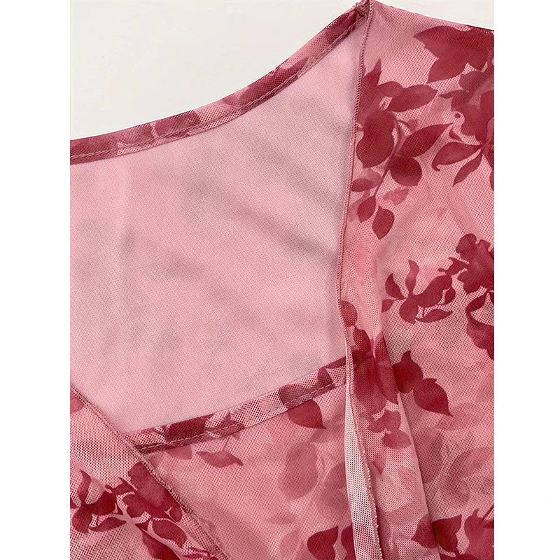 Summer Women's Y2k Floral Printed Sweet V-Neck T-shirts Mesh Beach Party Dress Top Flare Sleeve Square Collar Lace Up Shirt 2025
