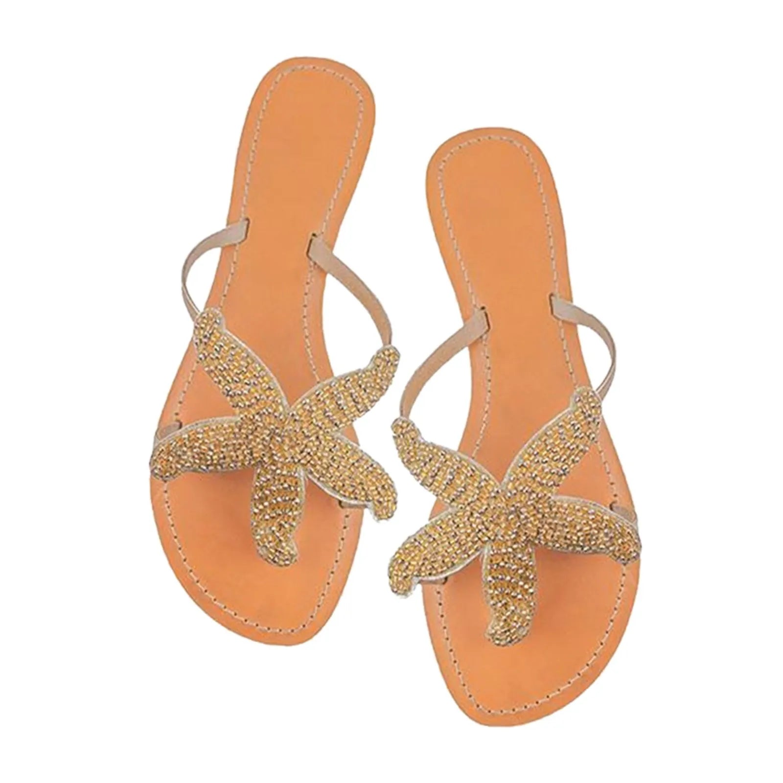Fashion Casual Women'S Beach Slippers Indoor Outdoor Leisure Breathable Starfish Shaped Rhinestone Embellished Thong Sandal