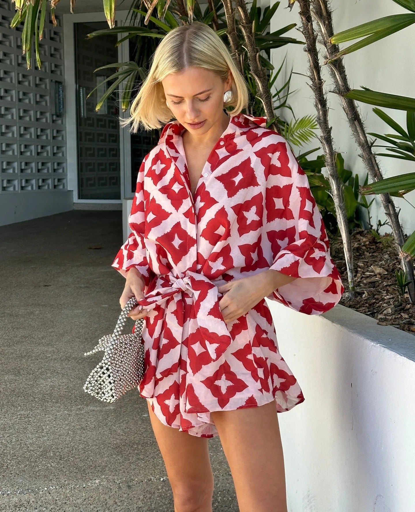 2024 New Autumn Women Loose casual Print Strap Jumpsuit Red Print Bow Tie Turndown Collar Loose Bodysuit Sexy Outfits Streetwear