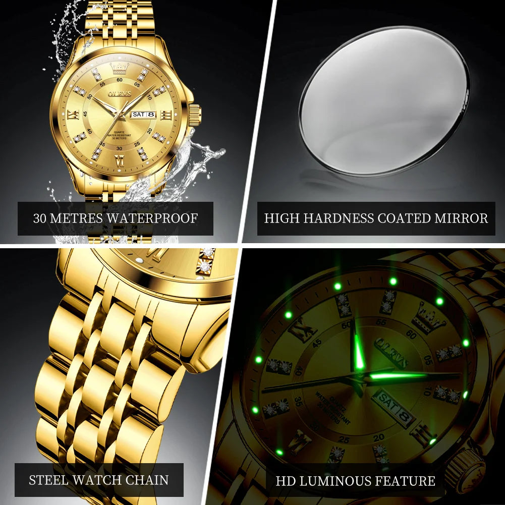 OLEVS 3620 Mens Watch Original Brand Quartz Wristwatch Waterproof Luminous Reloj Watches For Men Dual Calendar Watch Men Gifts