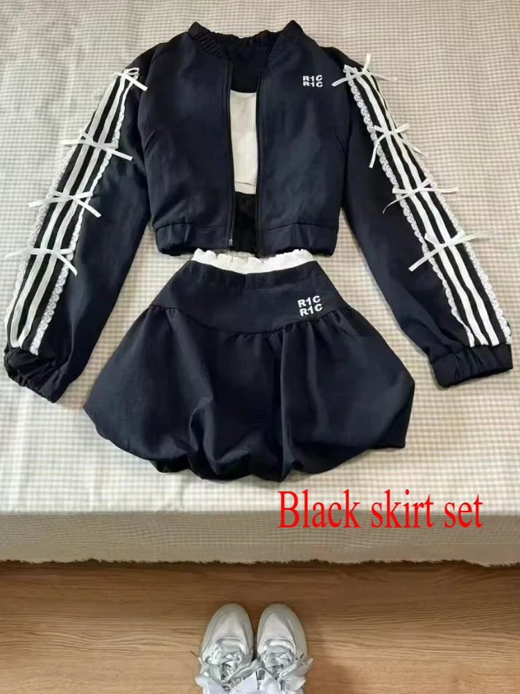 Woman New 2000s Aesthetics Elegant Two Piece Skirt Set Women Sexy Sport Wear Coat + Mini Skirt Suit Female High Street Chic Sets