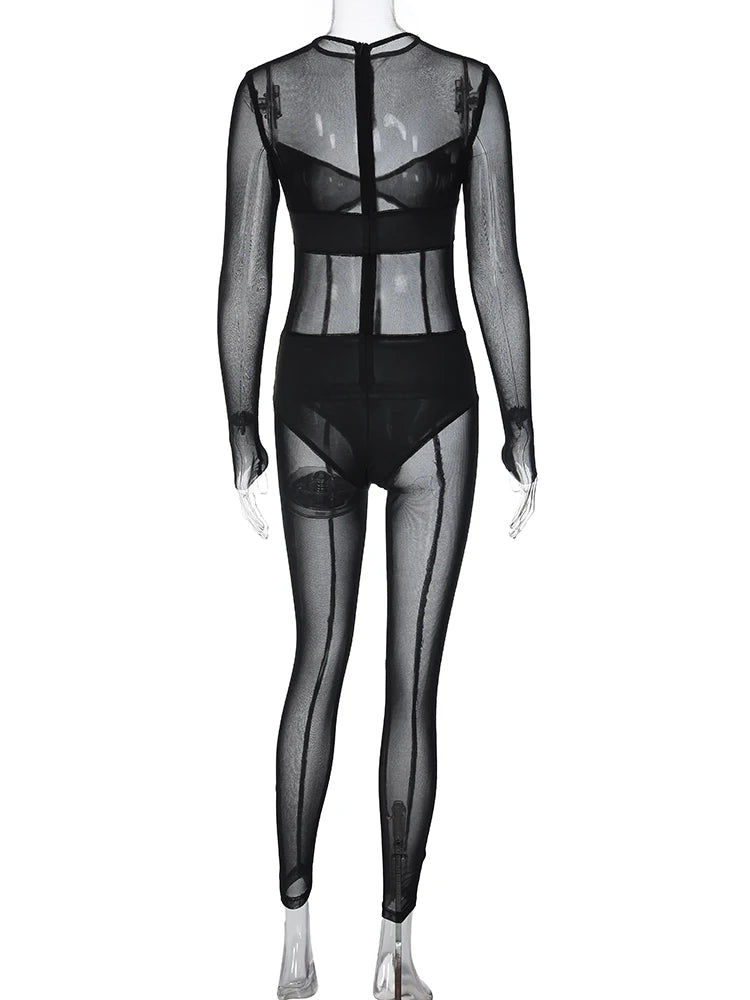 Dulzura Solid Mesh Long Sleeve O-Neck Jumpsuit See Through 2023 Summer For Women Sexy Y2K Birthday Evening Clubwear Sheath