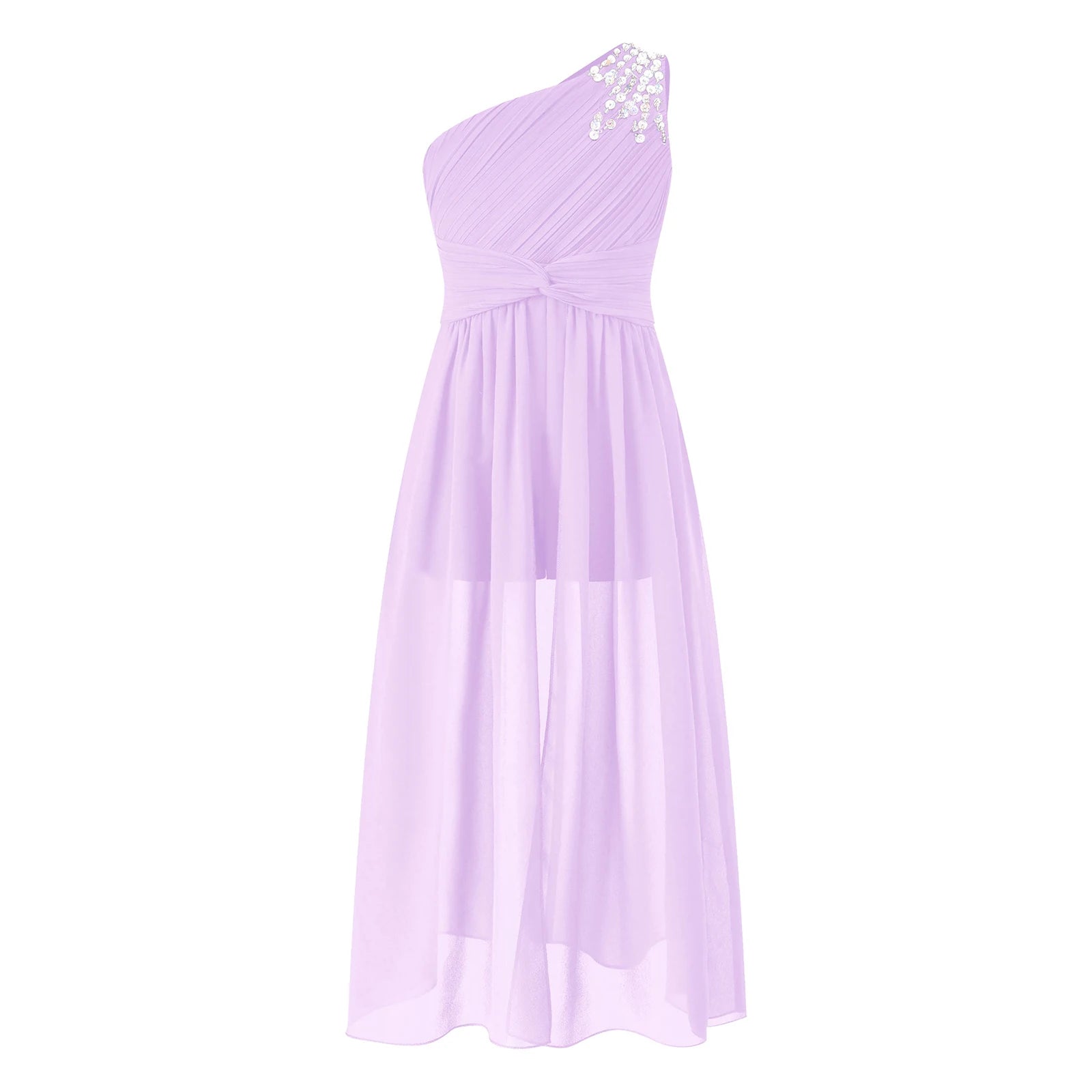 6-16Y Kids Girls Elegant Shiny Beaded Party Dress One Shoulder Ruched Jumpsuit Skirt Princess Wedding Birthday Evening Prom Gown