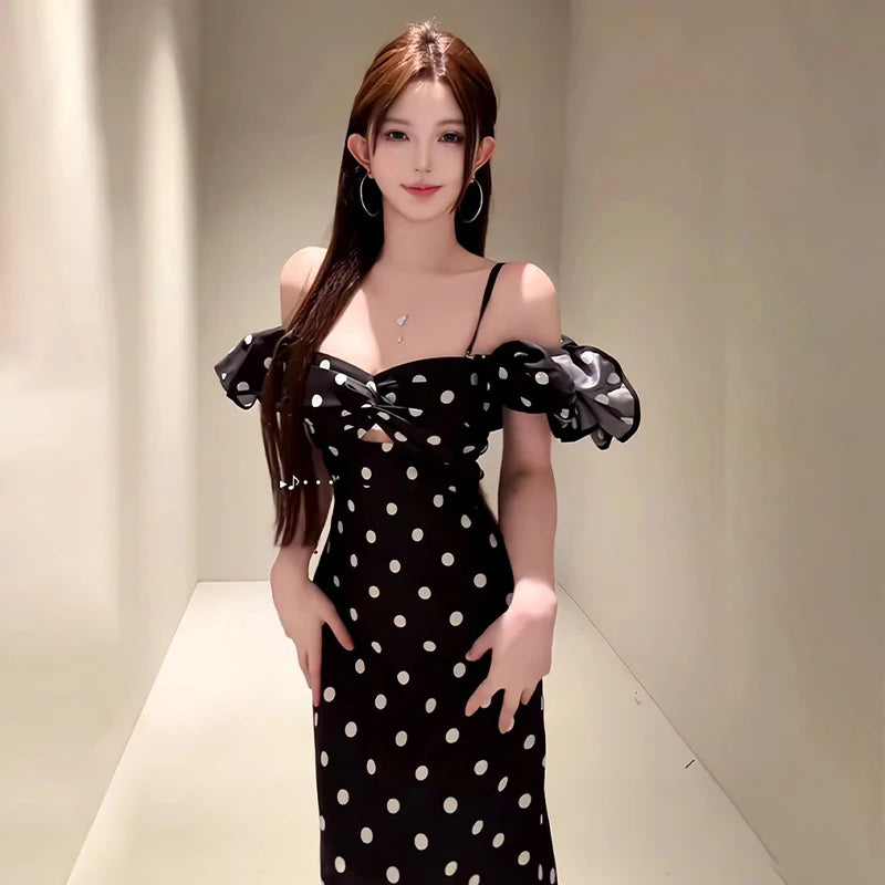 French Retro Off-Shoulder Polka Dot Printed Dresses Women Summer Sheath Holiday Elegant Female Long Dress