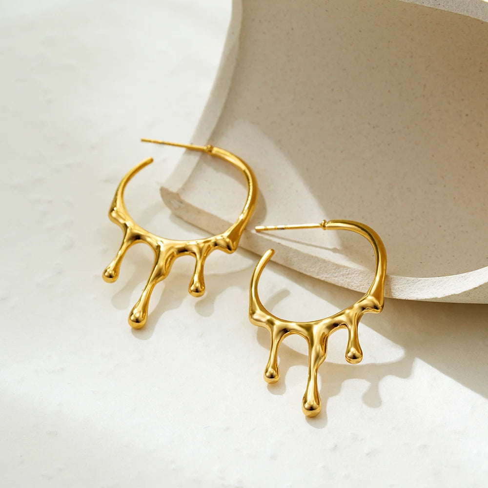 4 Sizes Chunky Water Droplet Open Hoop Earrings Irregular 18K Gold Plated Drops Smooth Stackable Cartilage Piercing Earrings