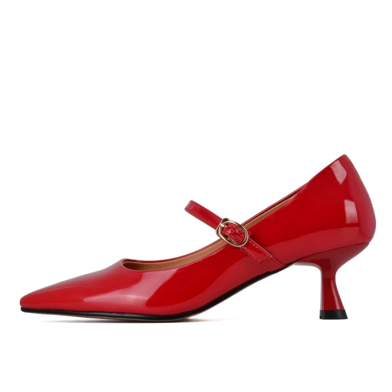 Short Heels Mary Janes Shoes Women Pumps Genuine Leather Point Toe Black Nude Red Heeled Office Wedding Shoes Female Large Size