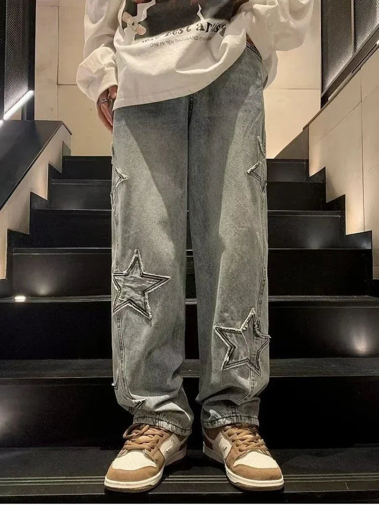 Star Embroidery Straight Casual Men Jeans Gothic Neutral New Wide Leg Loose Hip-hop Streetwear Denim Trousers Y2K pants man