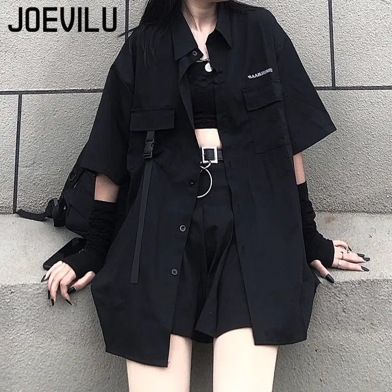 Gothic Skirt Set Loose Shirt Pleated Mini Skirts 2 Piece Sets Korean Retro Casual Outfits Women Spring Summer Aesthetic Y2k Suit