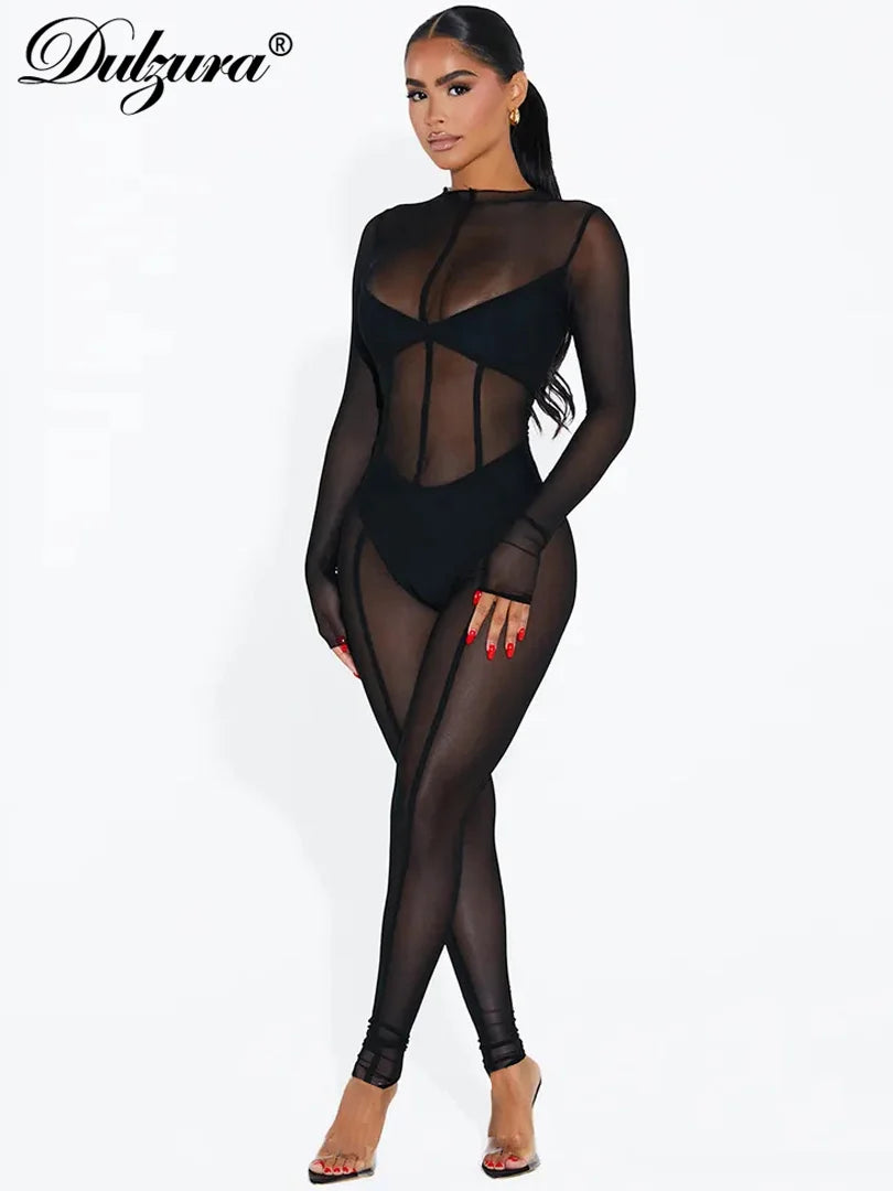 Dulzura Solid Mesh Long Sleeve O-Neck Jumpsuit See Through 2023 Summer For Women Sexy Y2K Birthday Evening Clubwear Sheath
