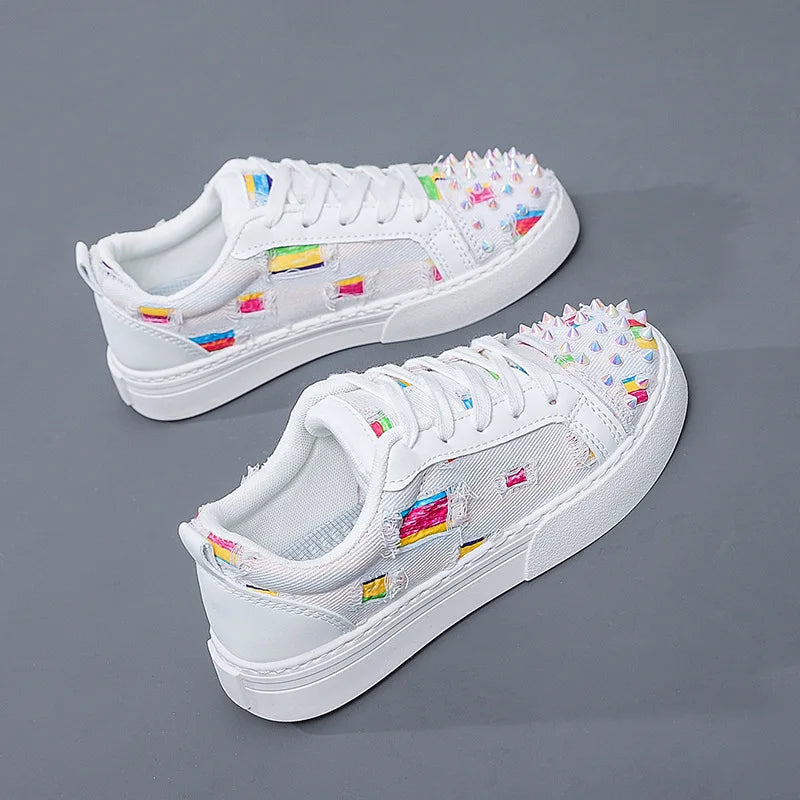 Men's and Women's Street Dance Shoes, Perforated Canvas, Fashionable, Breathable, Red Sole, Rivet, Personalized Casual Shoes