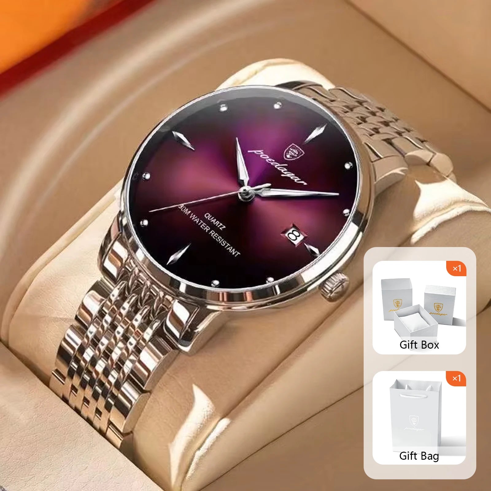 POEDAGAR Business Men's Watches Stainless Steel Date Men Watch Waterproof Luminous Fashion Casual Quartz Man Wristwatch+Gift Box