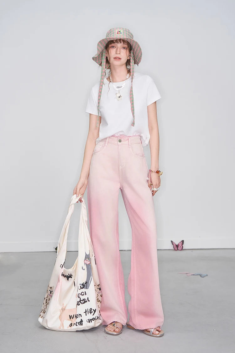 ELFSACK 2025 Spring New Arrivals Y2K Raw Edge High Waist Pink Gradient Jeans Women Sweet Wide Leg Pants