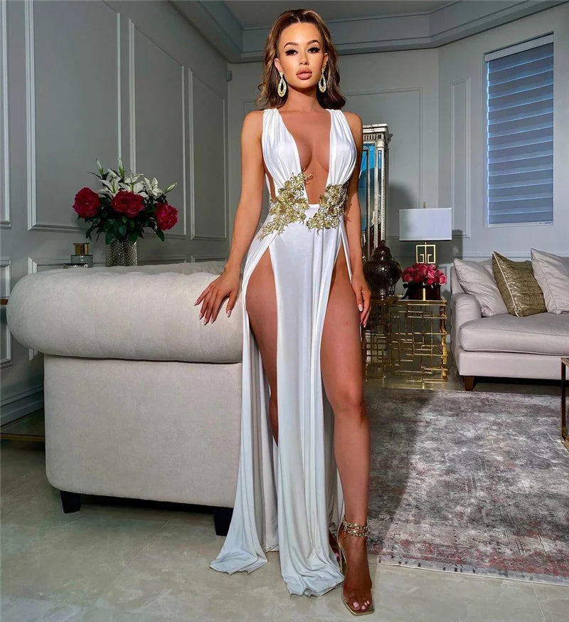 Sexy Deep V-neck Embroidery High Slit Maxi Dress Women Elegant Evening Wedding Sleeveless Backless Party Long Dresses Robe Femme