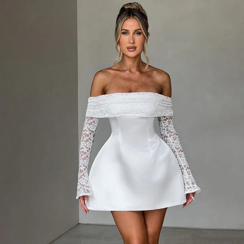 Mozision Off-shoulder Long Sleeve Sexy Mini Dress For Women Robe Strapless Backless High Waist A-line Elegant Club Party Dress