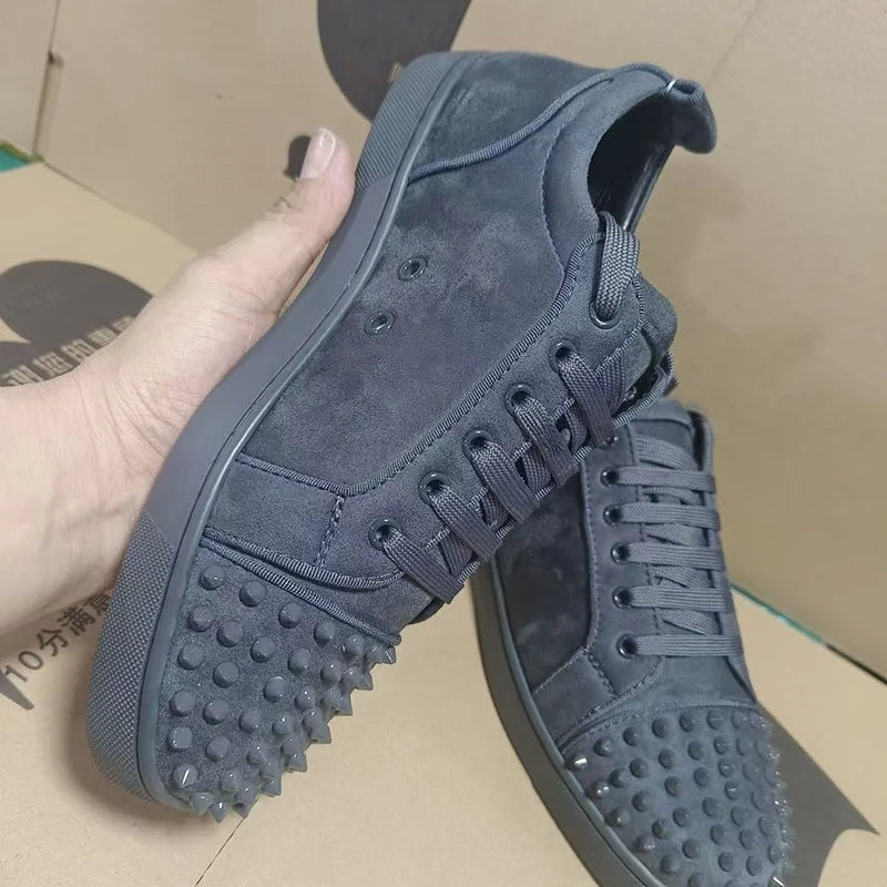 men's casual rock stage spikes studded shoes lace-up cow suede leather rivets shoe black grey flats platform sneakers footwear