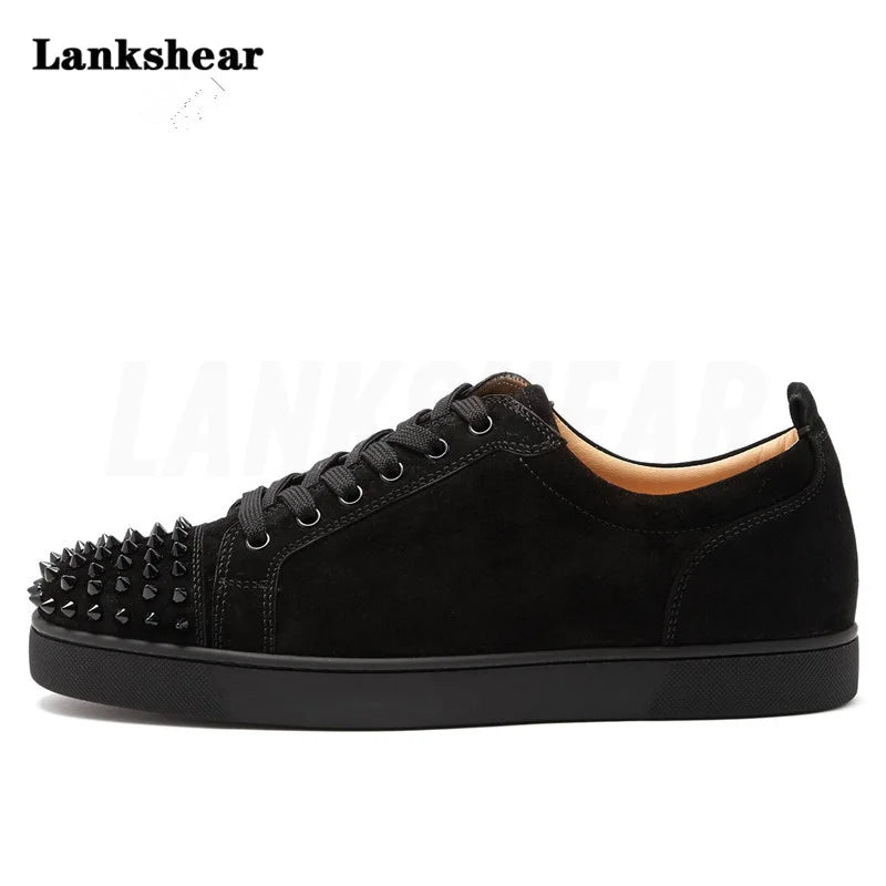 Men Suede Flat Cool Rivets Lace-Up Sneakers Newest Round Toe Black Red Blue Green Grey Studs Causal Flat Shoes Work Shoes
