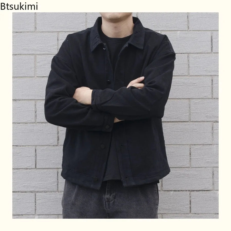 2025 Men's Loose Casual Denim Jacket Fashion Korean Style Simple Lapel Button-up Coats Solid All-match Jean Jacket Men Outerwear