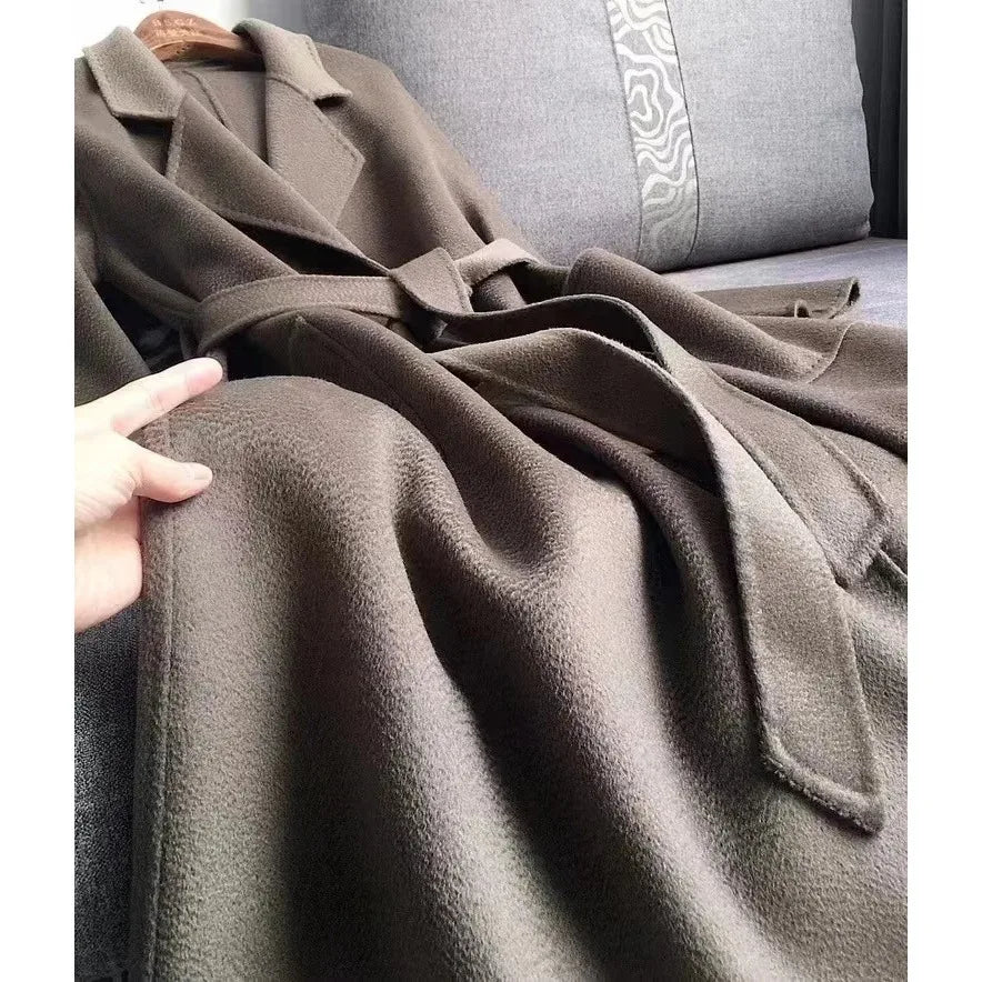 Korean Women Handmade Hepburn Corrugated Water Ripples Coat Double-sided Cashmere Wool Long Woolen Jacket Cashmere Coat Max