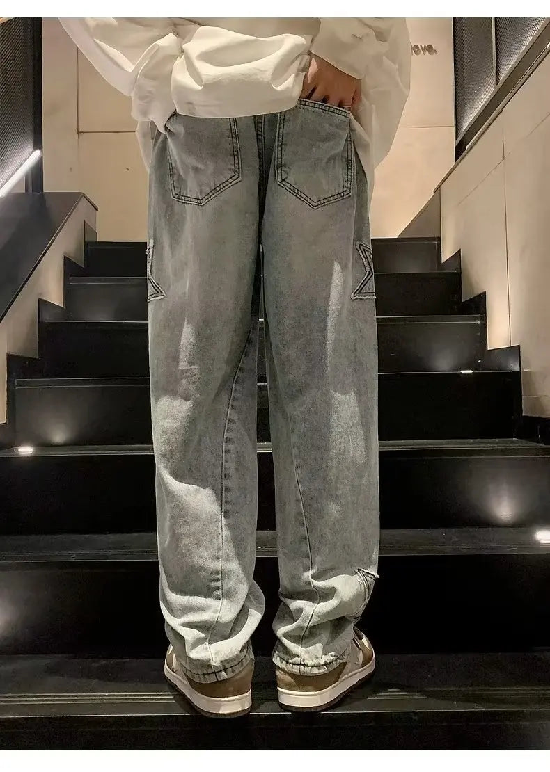 Star Embroidery Straight Casual Men Jeans Gothic Neutral New Wide Leg Loose Hip-hop Streetwear Denim Trousers Y2K pants man