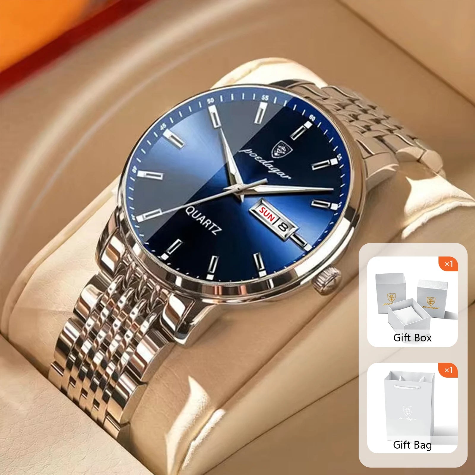 POEDAGAR Business Men's Watches Stainless Steel Date Men Watch Waterproof Luminous Fashion Casual Quartz Man Wristwatch+Gift Box