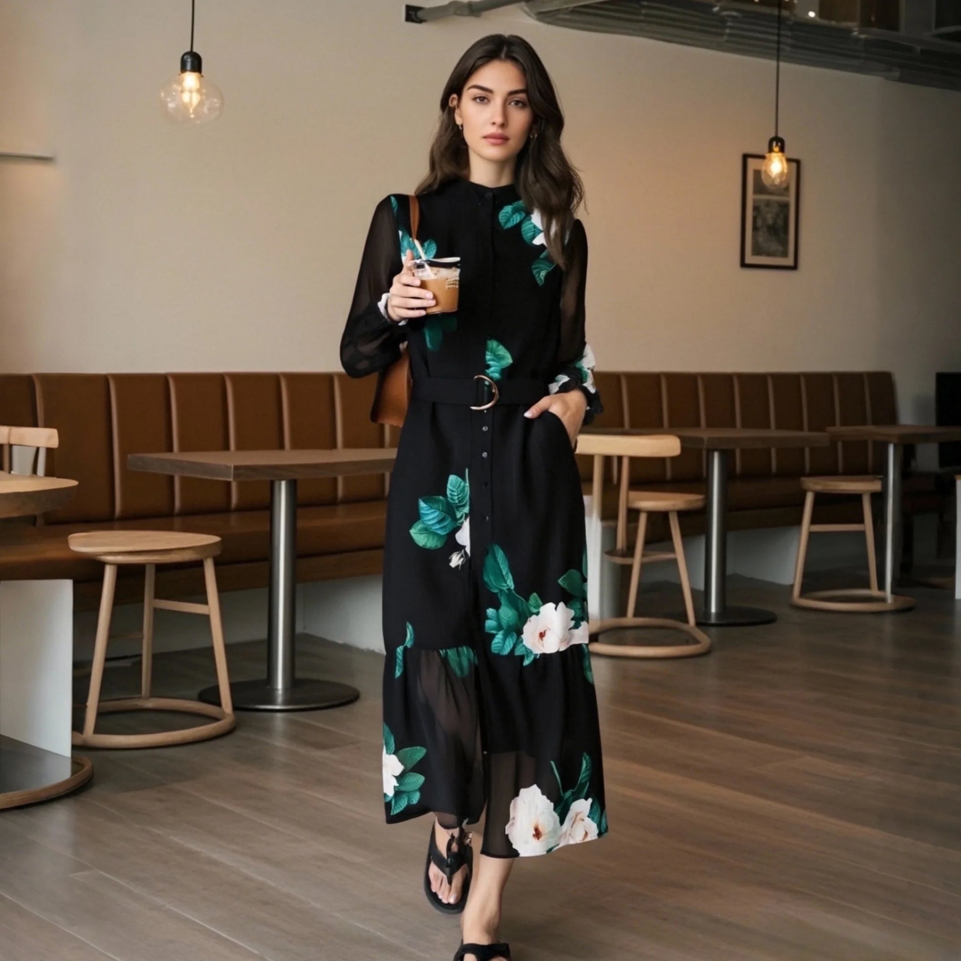 PB&ZA 2025 Women's Black Long Sleeve Maxi Dress with White Floral and Green Leaf Print Belted Waist and Tiered Hem