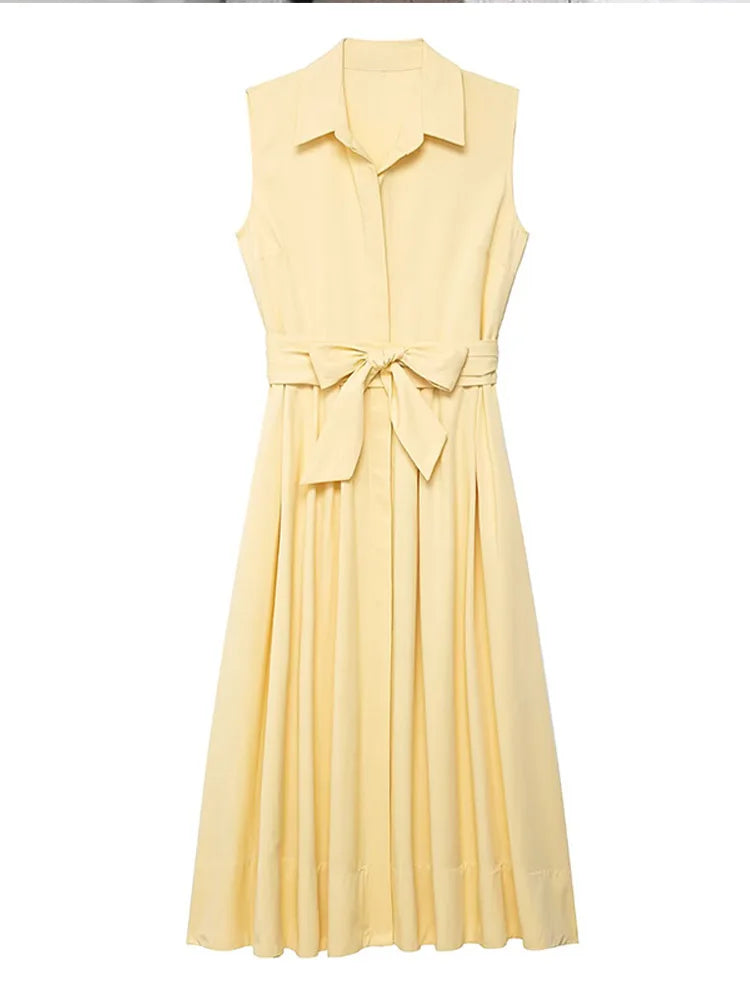 Fashion Sleeveless Long Yellow Shirt Dress Women Pleat Lapel Button Party Lace Up Dresses 2025 Summer Lady Commute Vestidos