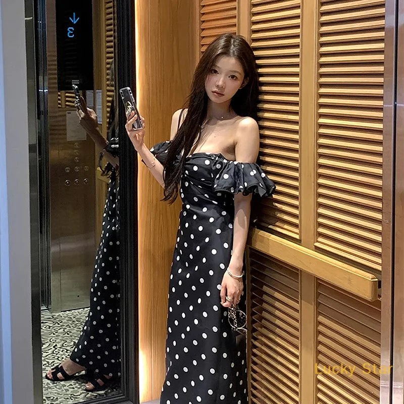French Retro Off-Shoulder Polka Dot Printed Dresses Women Summer Sheath Holiday Elegant Female Long Dress