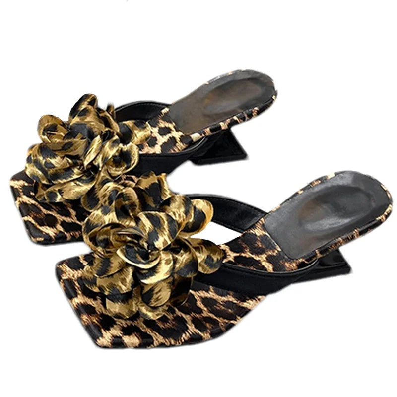 Flower Women Slippers Leopard Clip Toe Heeled Shoes Fashion Woman Sandals Summer 2025 Beach Flip Flops Dress Zapatillas De Mujer
