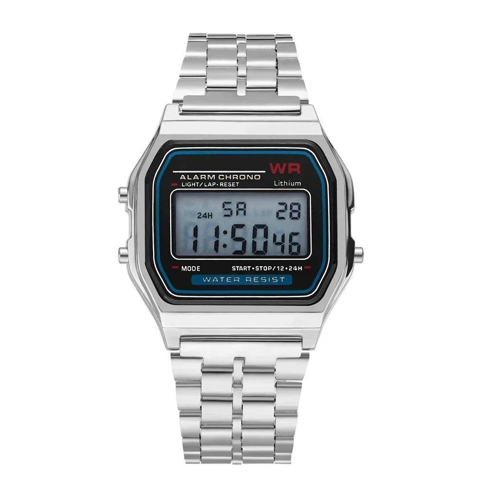 Women Casual LED Electronic Watch Man Retro Stainless Steel Watches for Women Unisex LED Digital Watch Multifunction Wristwatch