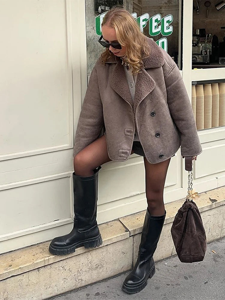 Double Sided Fur One Jacket Cotton Clothes Lamb Wool Coat Leather Jackets Women's Warm Loose Thick Lapel Fashion Casual Overcoat