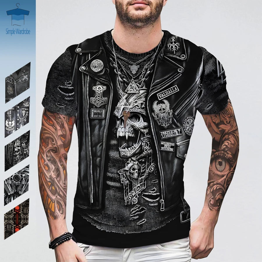 Jeans Jacket 3D Print T-shirts For Men Oversized Short Sleeve Clothing Leather Printing Round Neck Vintage Summer Biker Jacket