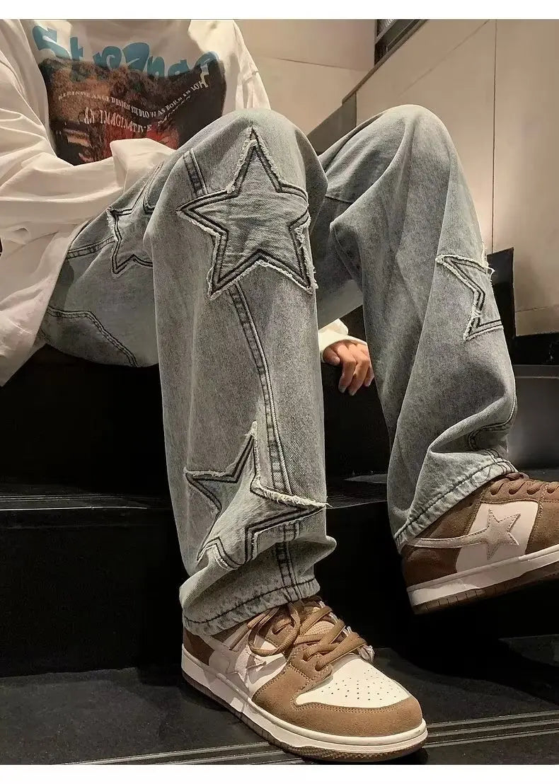 Star Embroidery Straight Casual Men Jeans Gothic Neutral New Wide Leg Loose Hip-hop Streetwear Denim Trousers Y2K pants man