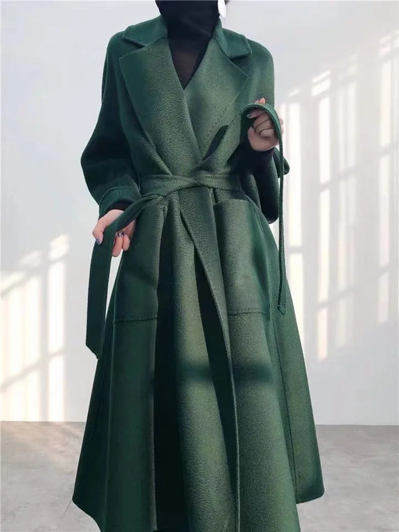 Korean Women Handmade Hepburn Corrugated Water Ripples Coat Double-sided Cashmere Wool Long Woolen Jacket Cashmere Coat Max
