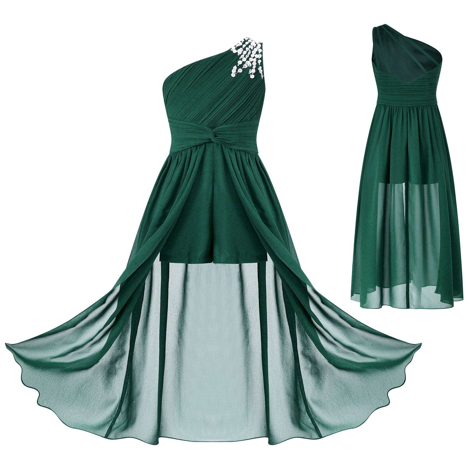 6-16Y Kids Girls Elegant Shiny Beaded Party Dress One Shoulder Ruched Jumpsuit Skirt Princess Wedding Birthday Evening Prom Gown