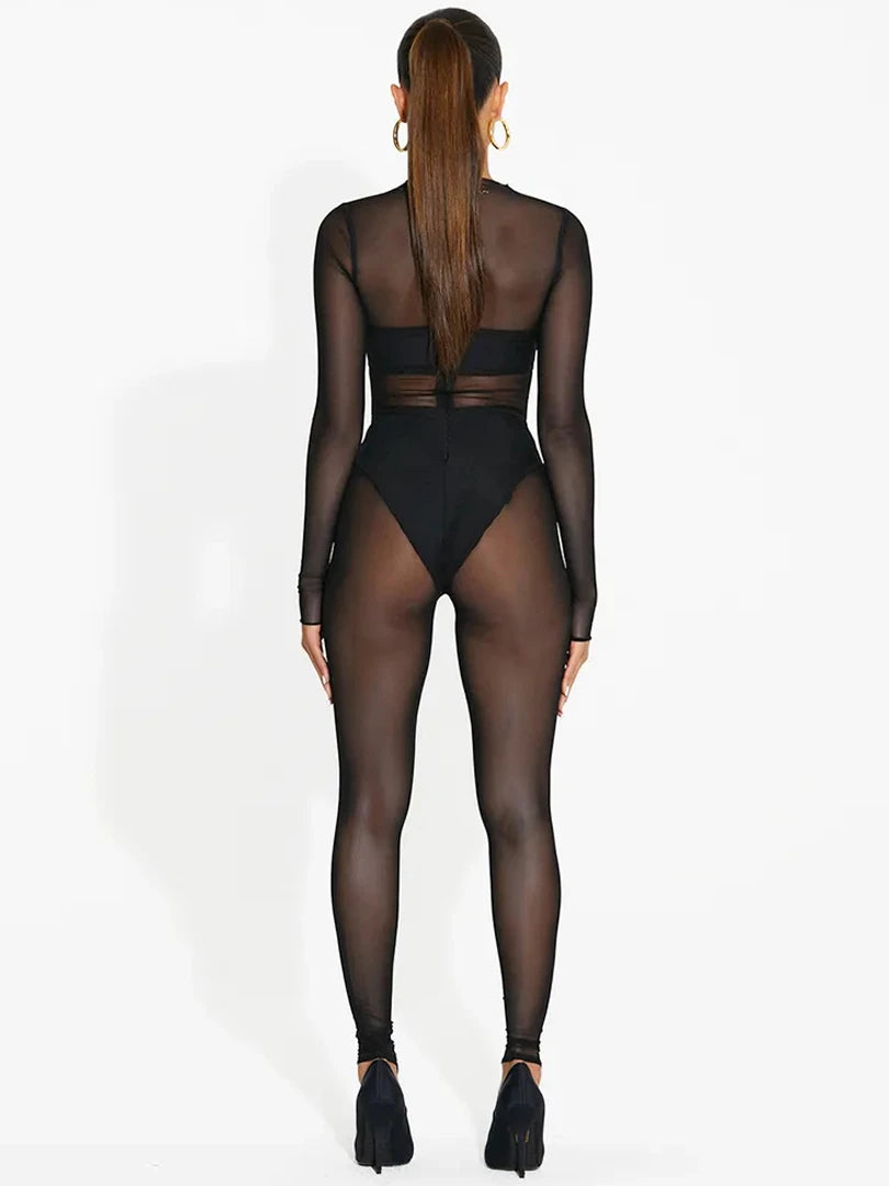 Dulzura Solid Mesh Long Sleeve O-Neck Jumpsuit See Through 2023 Summer For Women Sexy Y2K Birthday Evening Clubwear Sheath