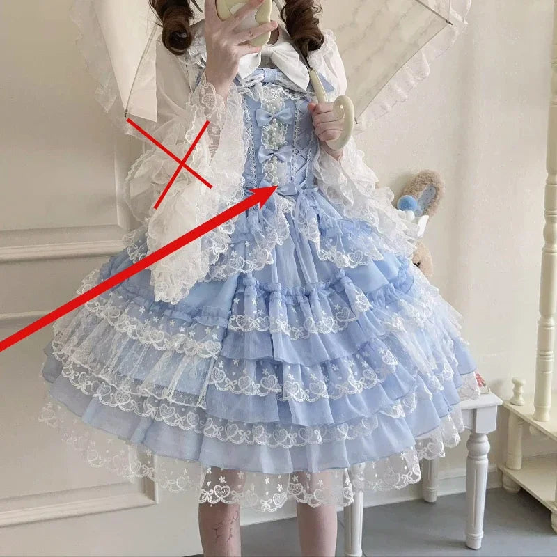 Women's Lolita Pink Dress Jsk Bow Lace Stitching Cute Sweet Girls Suspender Dress Lady Long Sleeve Inner Shirt Y2k Hairpin Cloak